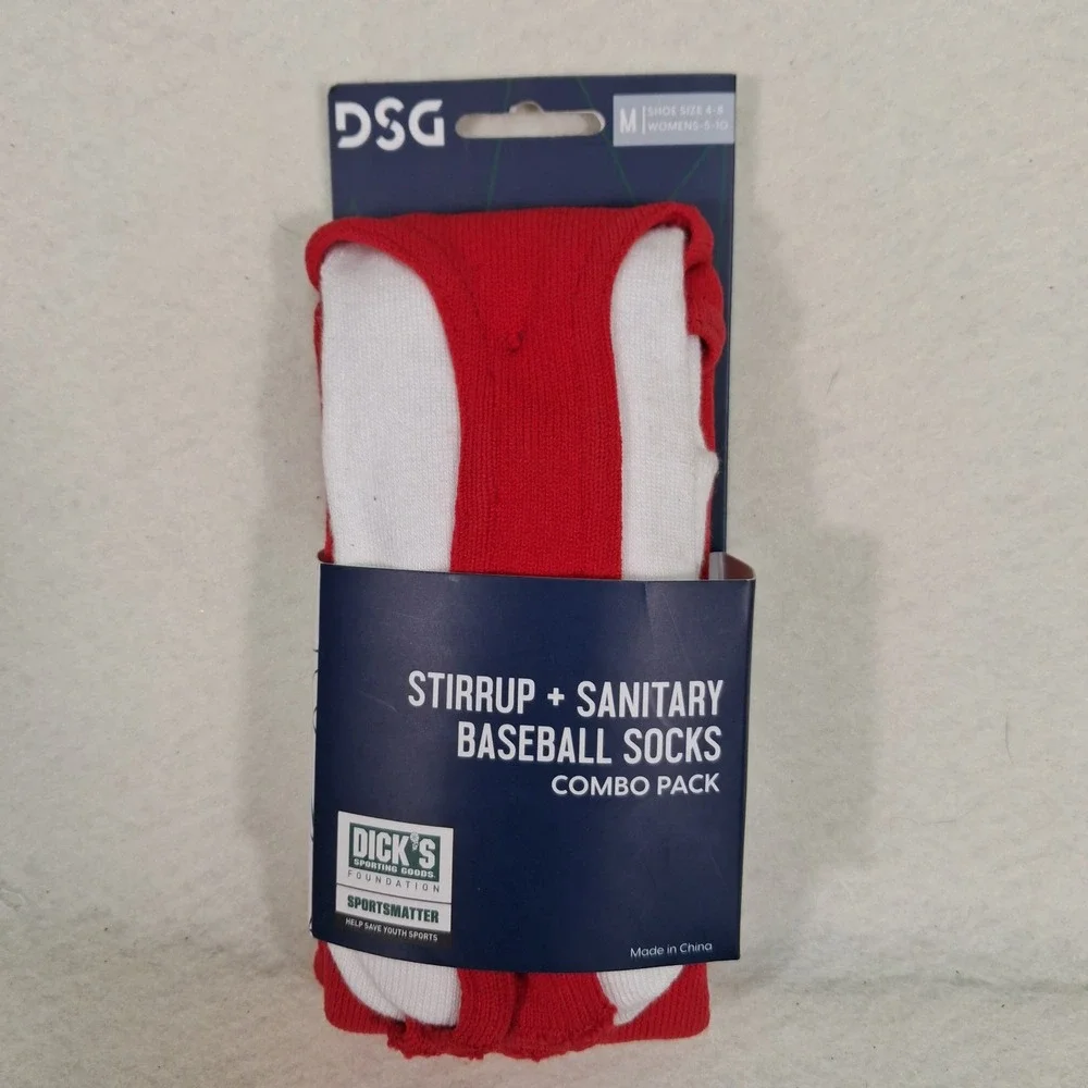 DSG Stirrup Sanitary Baseball Socks Youth Medium Red White Combo Pack 2-Pair